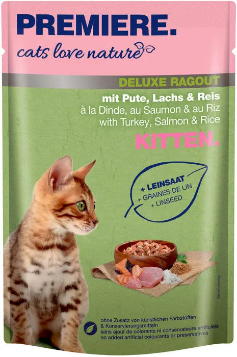 Kitten Deluxe Ragout, pouch kalkun, laks & ris 100 g - Maxi Zoo Danmark