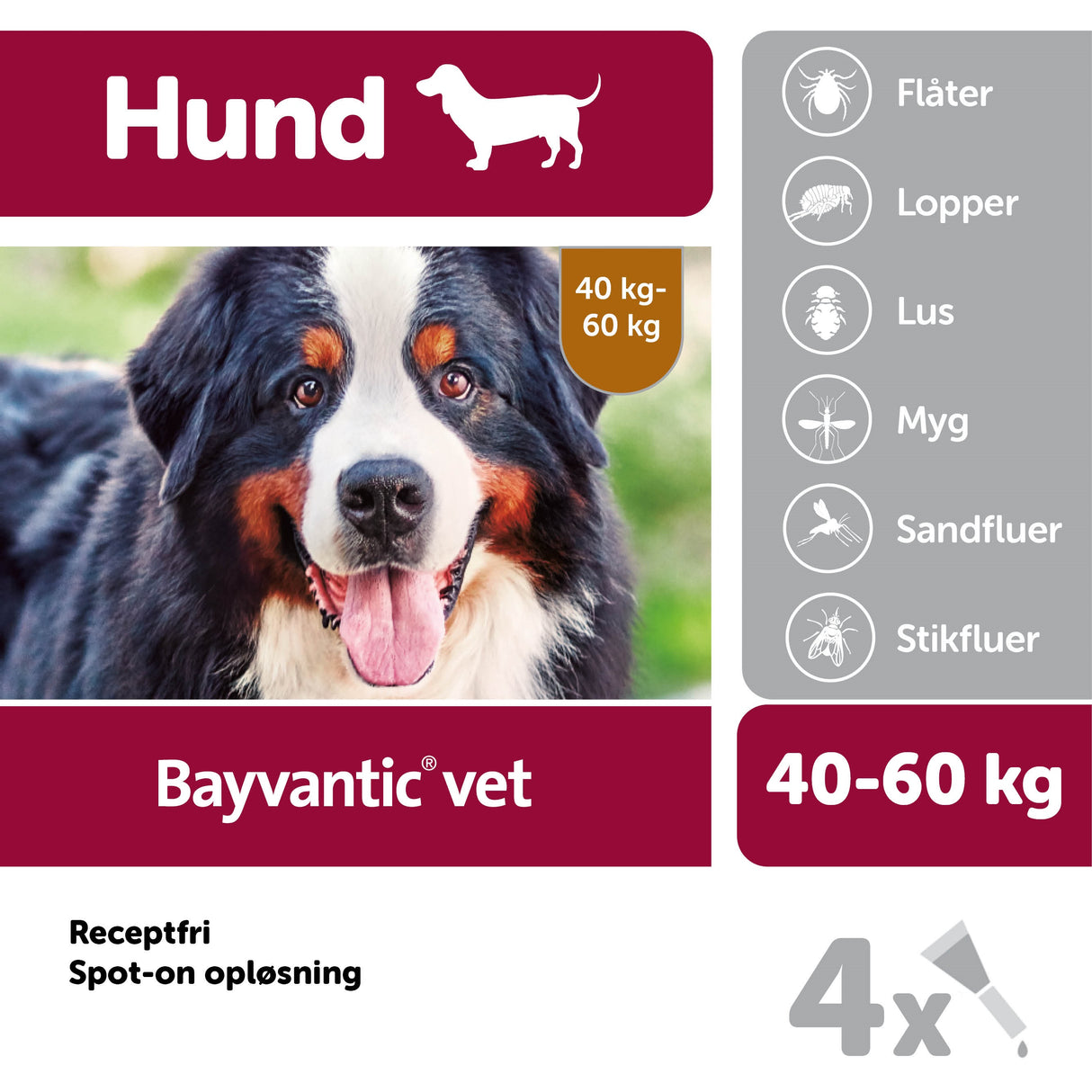 Flåt- og loppemiddel 40-60 kg 4x6,0 ml hund