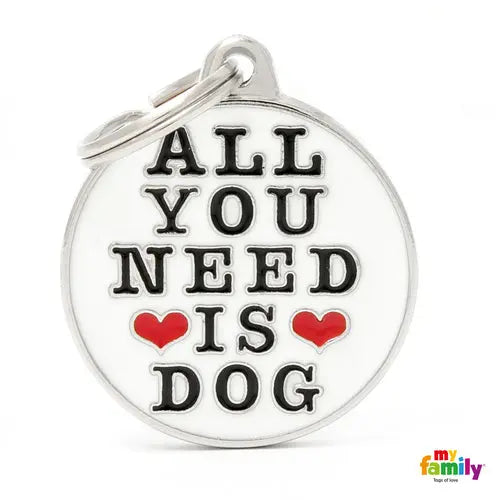 Navnetegn ALL YOU NEED IS DOG big 3,93x3,17 cm hvid/sølv - Maxi Zoo Danmark