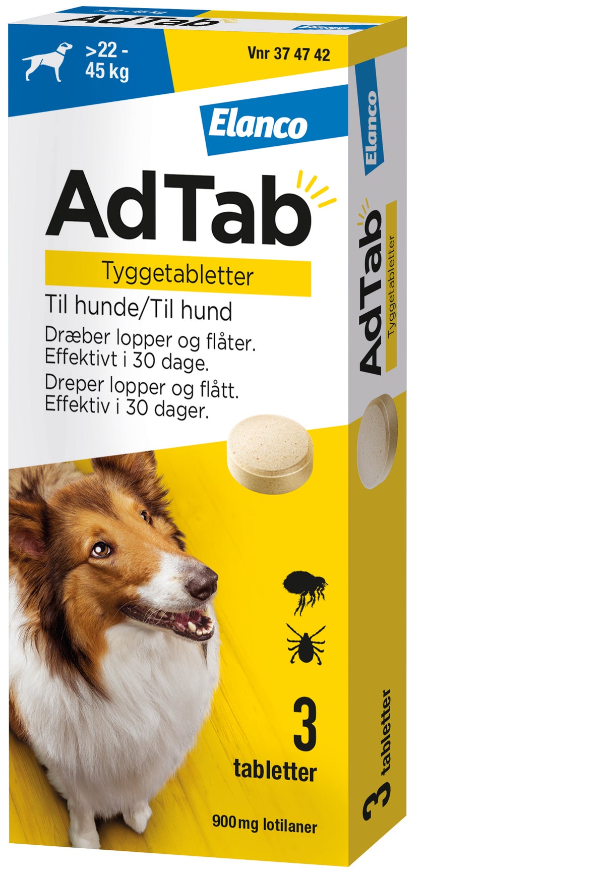 Loppe- og flåtmiddel hund >22-45 kg 900 mg 3 tabl