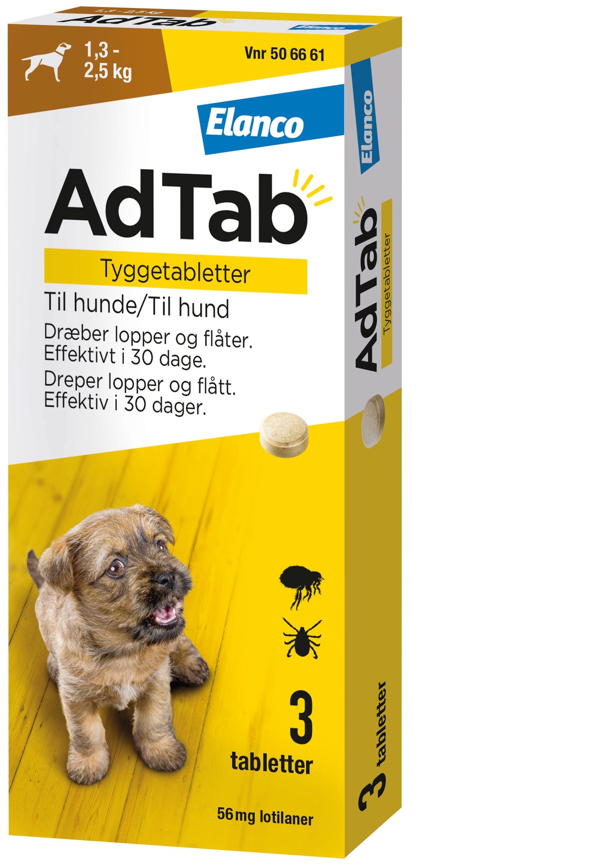 Loppe- og flåtmiddel hund 1,3-2,5 kg 56 mg 3 tabl