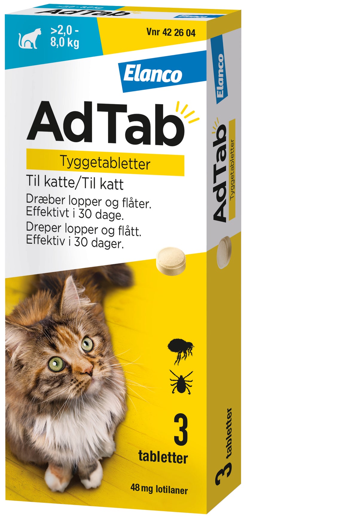 Loppe- og flåtmiddel kat >2,0-8,0 kg 48 mg 3 tabl