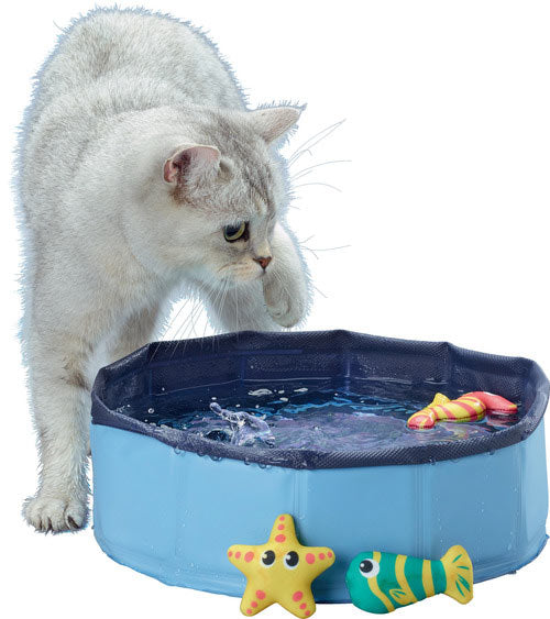 Badebassin til kat m/neopren legetøj, 30x10 cm