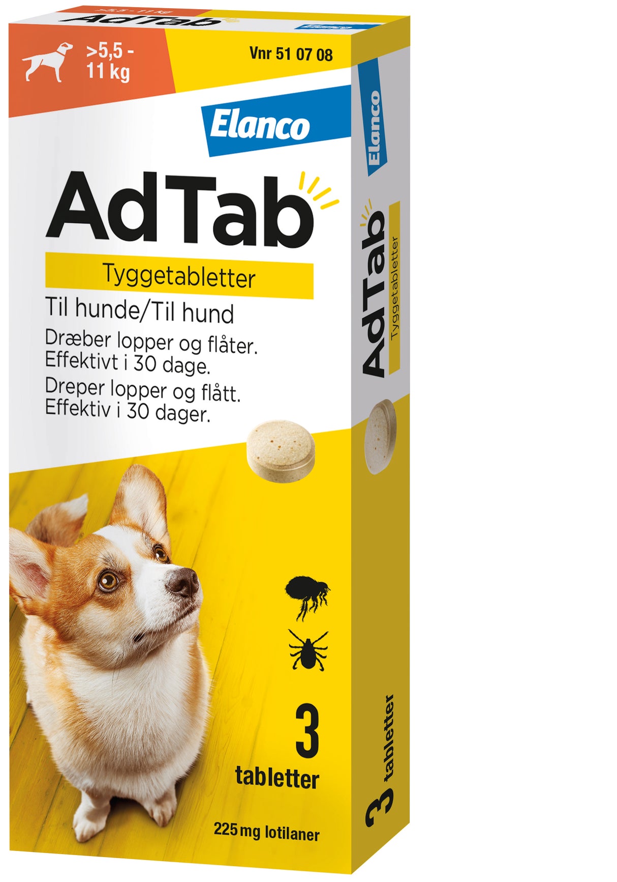 Loppe- og flåtmiddel hund >5 -11 kg 225 mg 3 tabl
